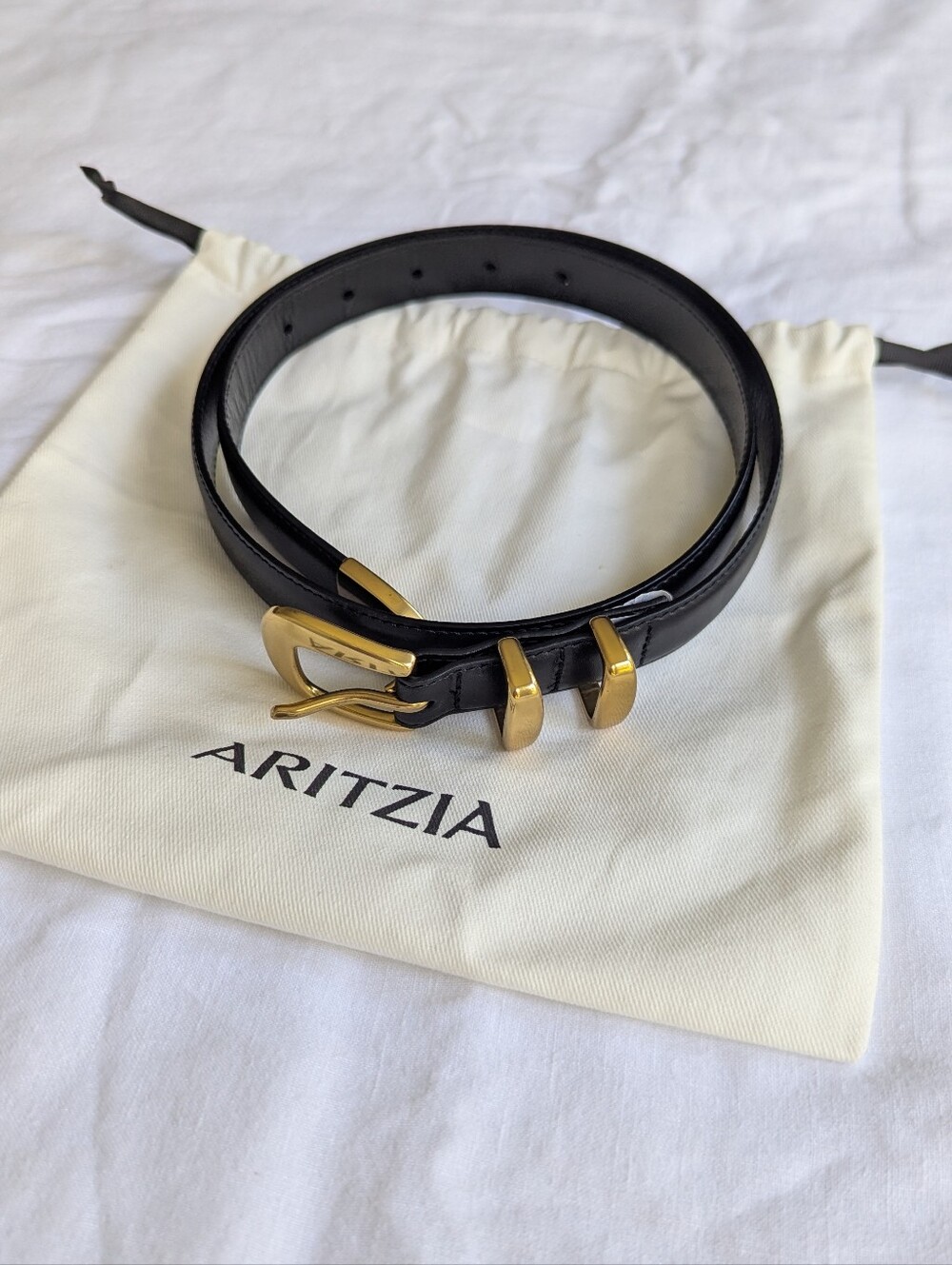 Aritzia Black Leather Belt with Brass Buckle Hardware